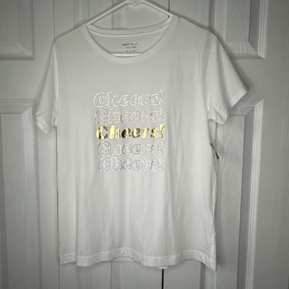 NWT Kate Spade New York Cheers! Graphic T-Shirt White Gold Metallic Women's M